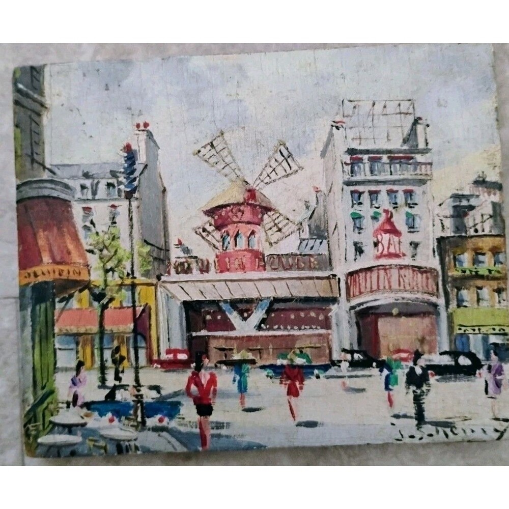 Original Vintage Moulin Rouge Paris Oil Painting Wood Block Signed J S Henry